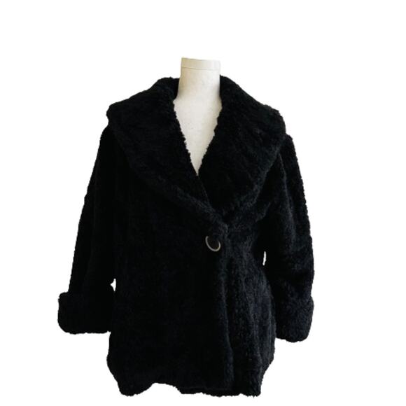 LAL Black Faux Fur Teddy Shawl Collar Pockets Jacket Coat Size Large NEW - Picture 1 of 13